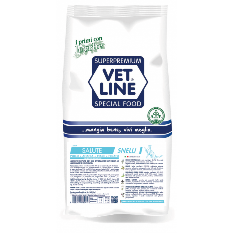 VET LINE Crocchette per Gatto SALUTE SNELLI Pollo Anatra Pesce e Fegato